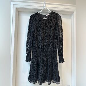 Parker Black Printed Drop-Waist Mini Dress with Sheer Sleeves